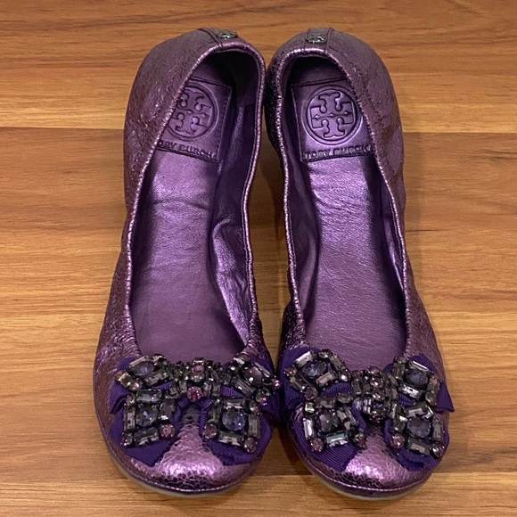 TORY BURCH Azalea Jeweled Bow Metallic Purple Ballerina Ballet Flats Size 8.5M - Picture 2 of 16